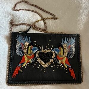 Embroidered Black Chain Strap Bag (Detachable Strap Creates Clutch).